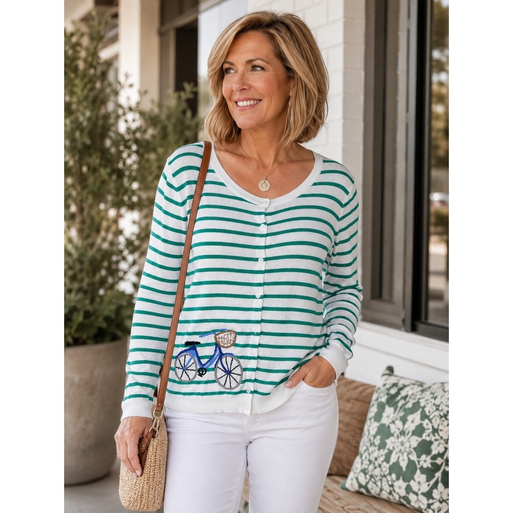 Talbots‎ Green White Striped Cotton Knit Cardigan XL Bicycle Embroidered Preppy